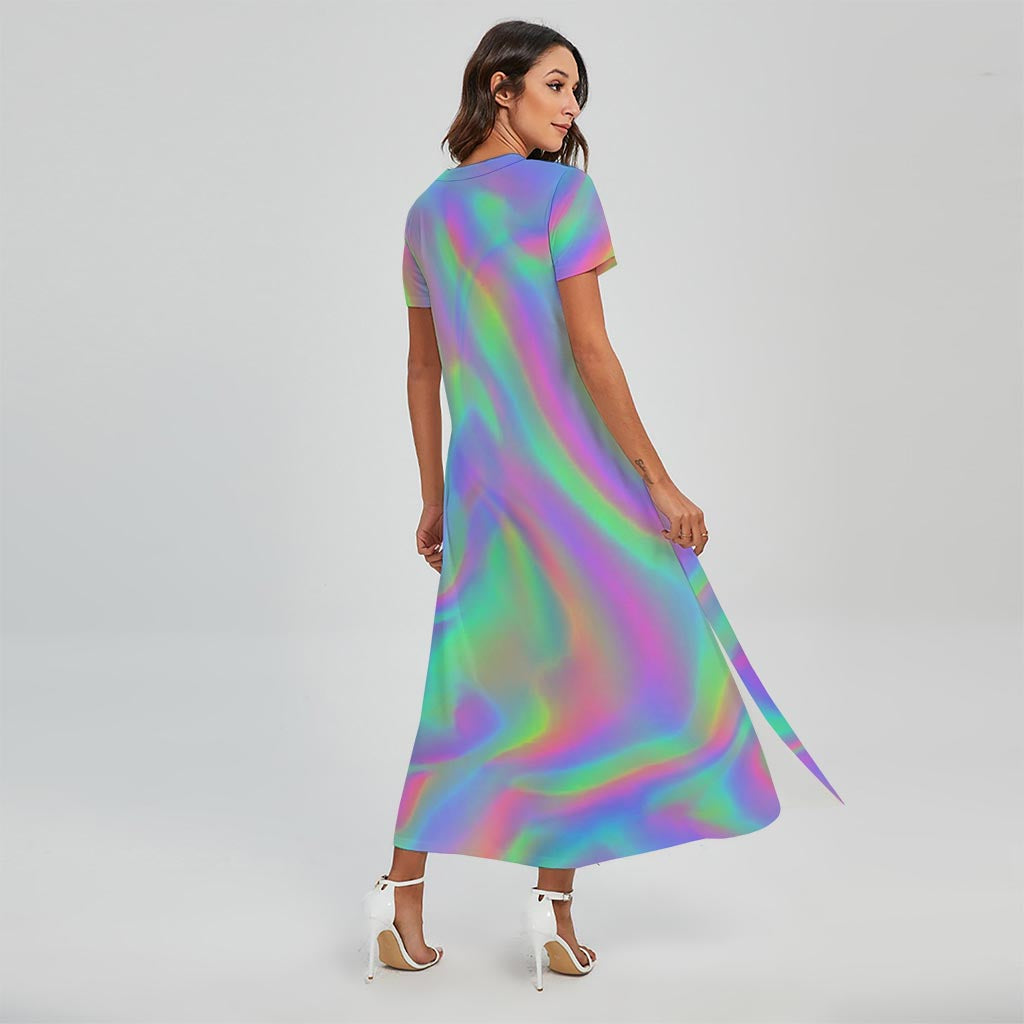 Psychedelic Holographic Trippy Print Short Sleeve Maxi Dress