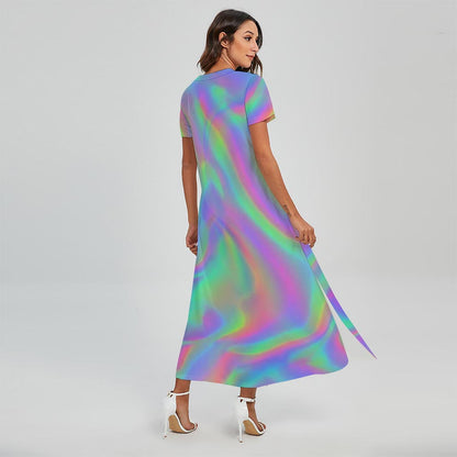 Psychedelic Holographic Trippy Print Short Sleeve Maxi Dress