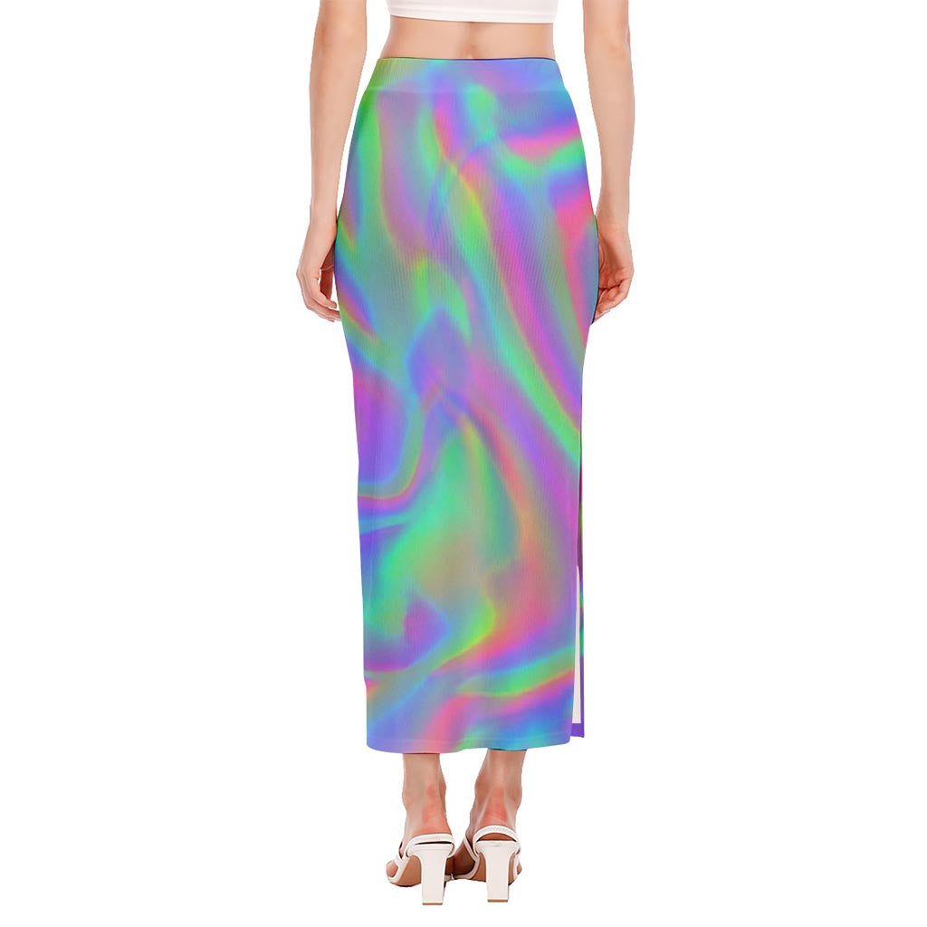Psychedelic Holographic Trippy Print Side Slit Maxi Skirt