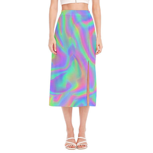 Psychedelic Holographic Trippy Print Side Slit Midi Skirt