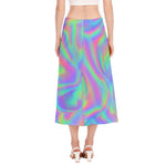 Psychedelic Holographic Trippy Print Side Slit Midi Skirt
