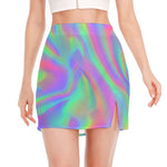 Psychedelic Holographic Trippy Print Side Slit Mini Skirt