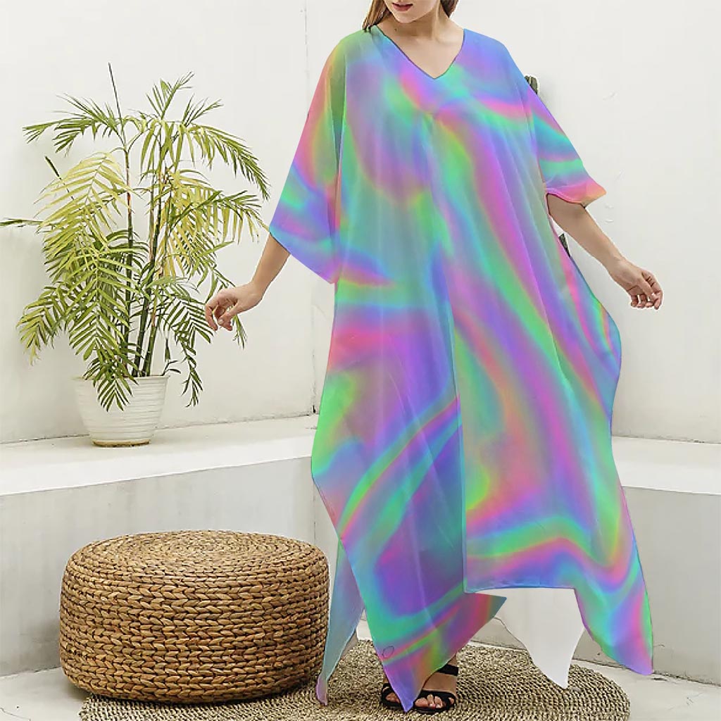 Psychedelic Holographic Trippy Print Silk V-Neck Kaftan Dress