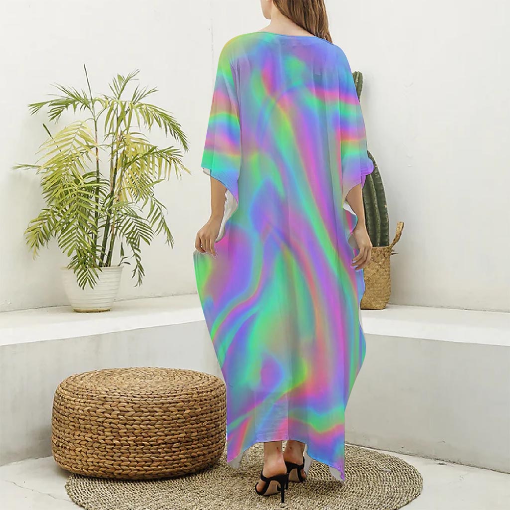 Psychedelic Holographic Trippy Print Silk V-Neck Kaftan Dress