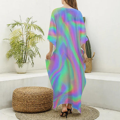 Psychedelic Holographic Trippy Print Silk V-Neck Kaftan Dress