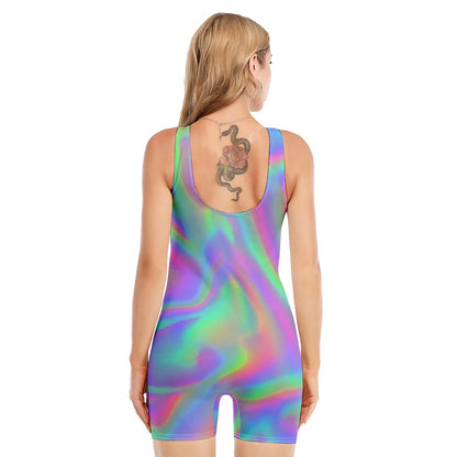 Psychedelic Holographic Trippy Print Sleeveless One Piece Swimsuit