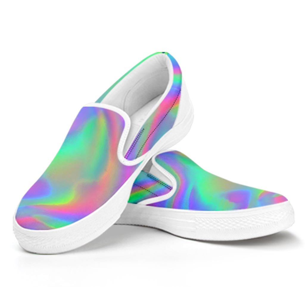 Psychedelic Holographic Trippy Print White Slip On Sneakers