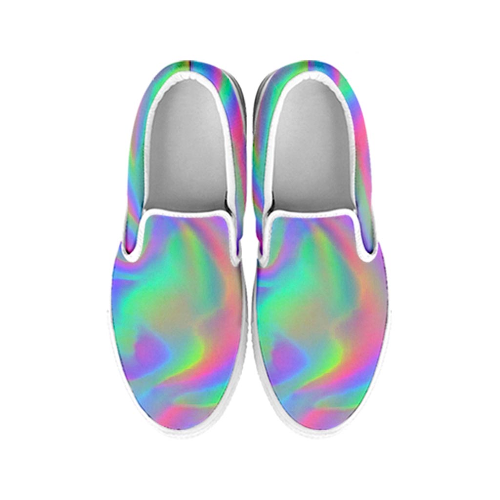 Psychedelic Holographic Trippy Print White Slip On Sneakers