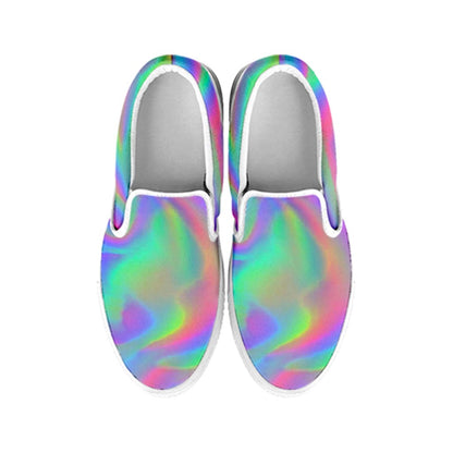 Psychedelic Holographic Trippy Print White Slip On Sneakers