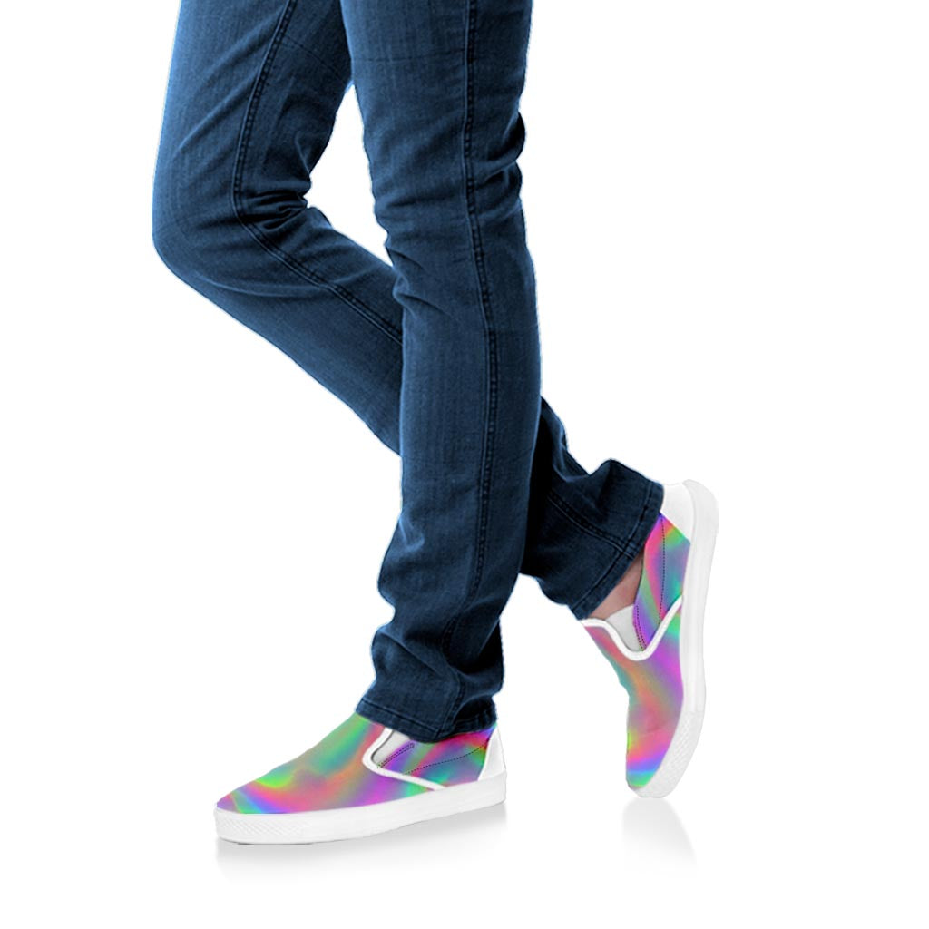 Psychedelic Holographic Trippy Print White Slip On Sneakers