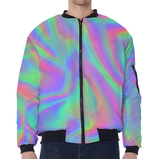 Psychedelic Holographic Trippy Print Zip Sleeve Bomber Jacket