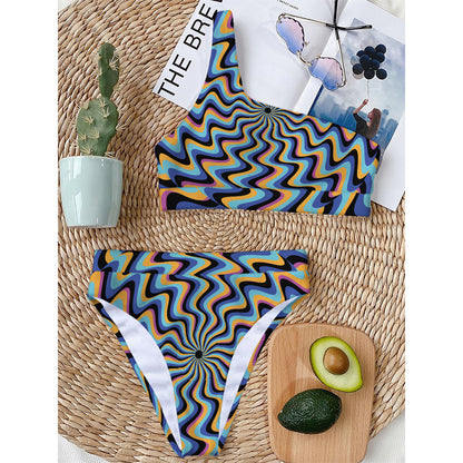 Psychedelic Illusory Motion Print One Shoulder Bikini Top