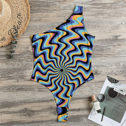 Psychedelic Illusory Motion Print One Shoulder Bodysuit