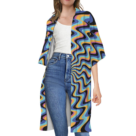 Psychedelic Illusory Motion Print Open Front Beach Cover Up