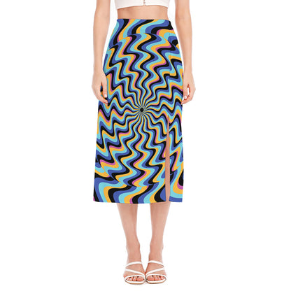 Psychedelic Illusory Motion Print Side Slit Midi Skirt