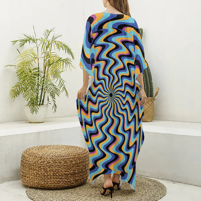 Psychedelic Illusory Motion Print Silk V-Neck Kaftan Dress