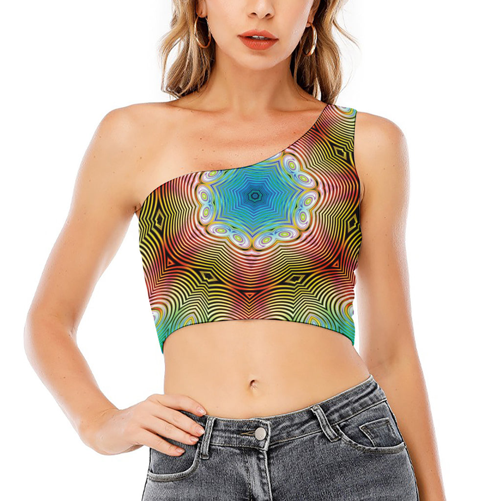 Psychedelic Kaleidoscope Print One Shoulder Crop Top