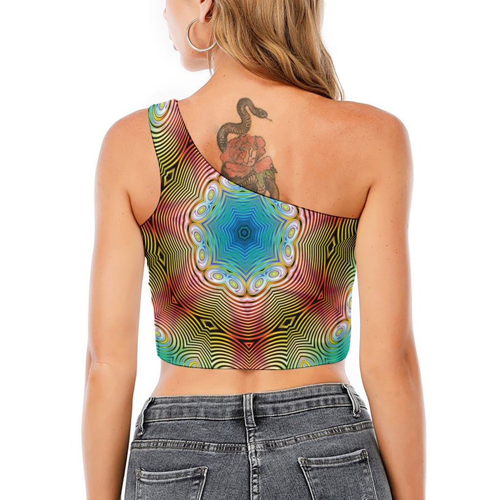 Psychedelic Kaleidoscope Print One Shoulder Crop Top