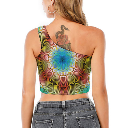 Psychedelic Kaleidoscope Print One Shoulder Crop Top