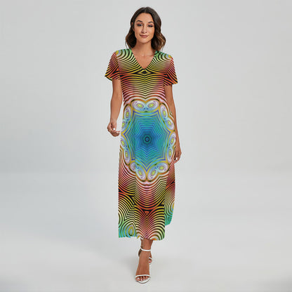 Psychedelic Kaleidoscope Print Short Sleeve Maxi Dress