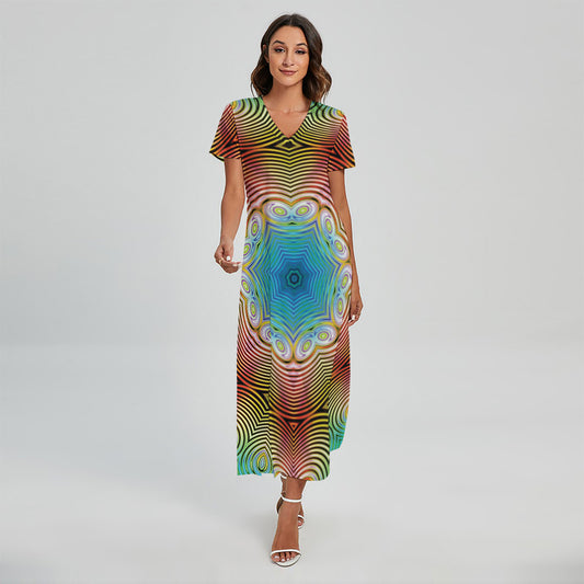 Psychedelic Kaleidoscope Print Short Sleeve Maxi Dress