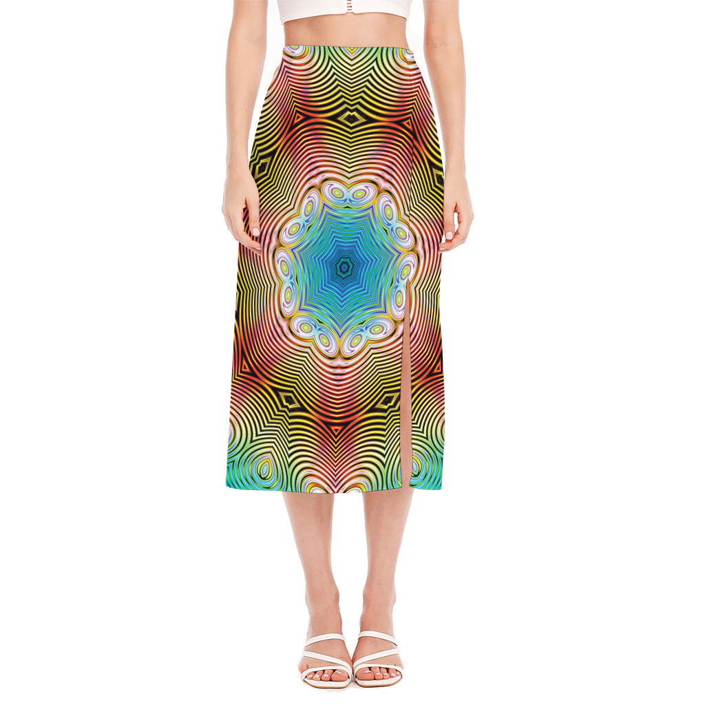 Psychedelic Kaleidoscope Print Side Slit Midi Skirt
