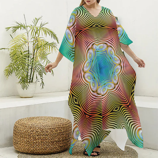 Psychedelic Kaleidoscope Print Silk V-Neck Kaftan Dress