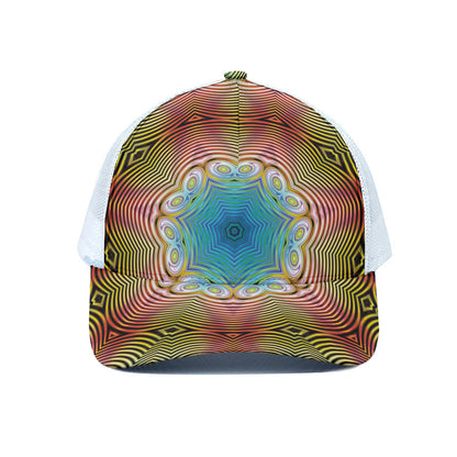 Psychedelic Kaleidoscope Print White Mesh Trucker Cap