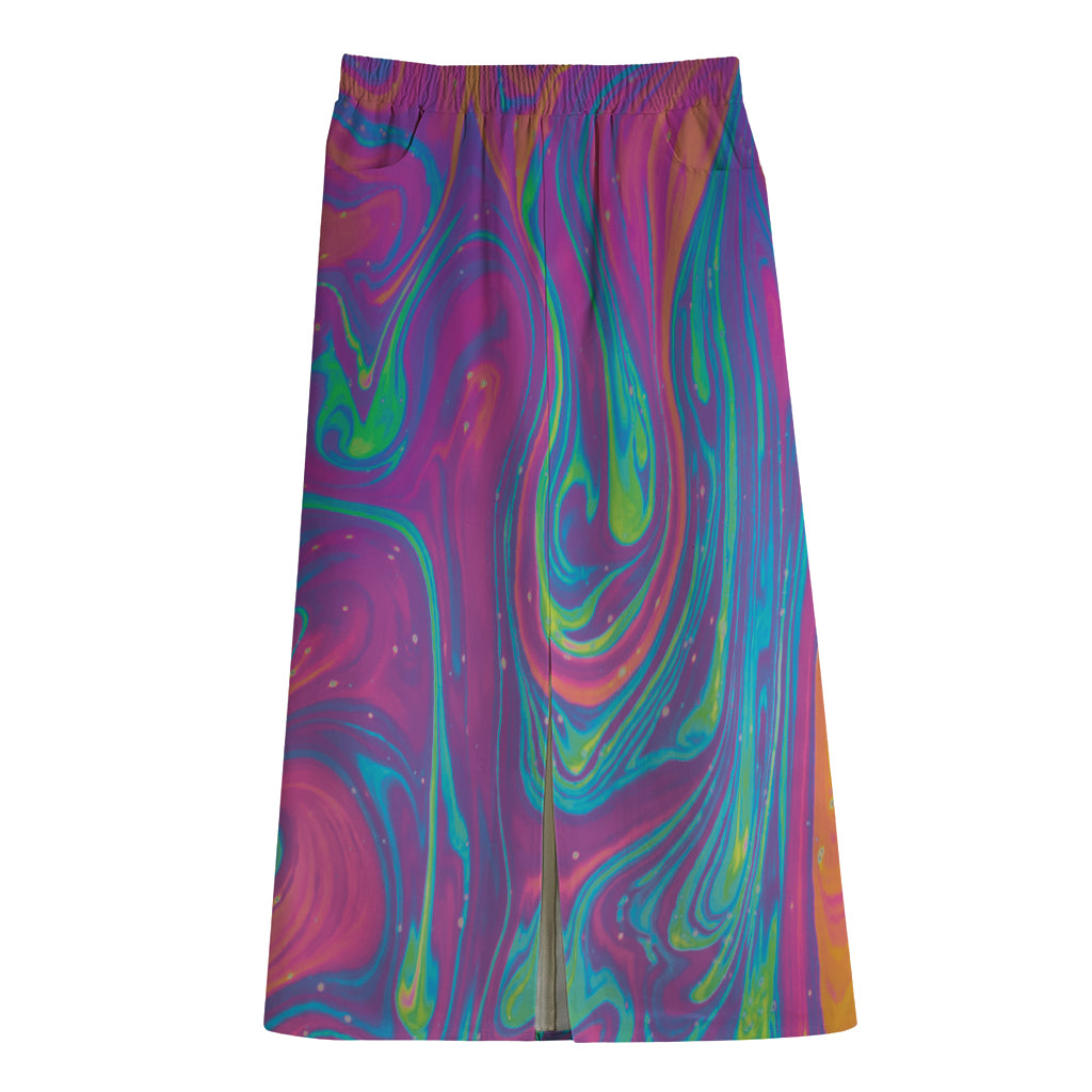 Psychedelic Liquid Print Cotton Front Slit Maxi Skirt