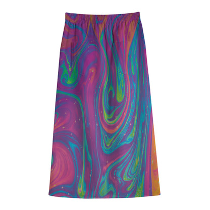 Psychedelic Liquid Print Cotton Front Slit Maxi Skirt