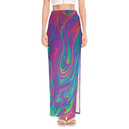 Psychedelic Liquid Print High Slit Maxi Skirt