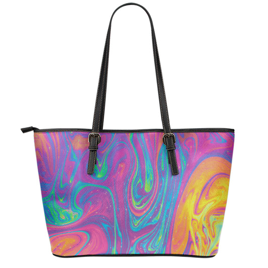 Psychedelic Liquid Print Leather Tote Bag
