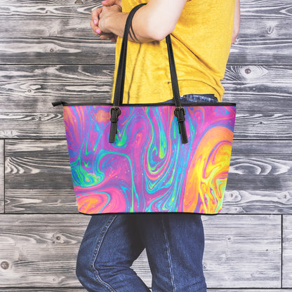 Psychedelic Liquid Print Leather Tote Bag