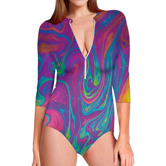 Psychedelic Liquid Print Long Sleeve Swimsuit
