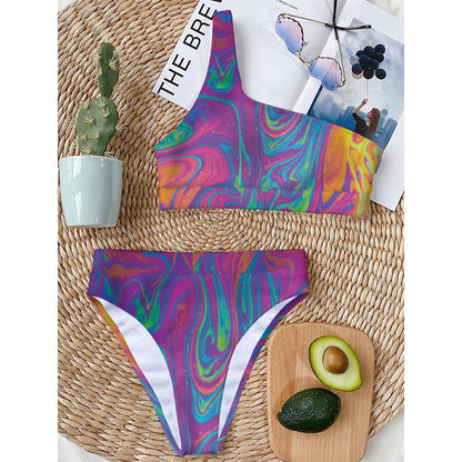 Psychedelic Liquid Print One Shoulder Bikini Top