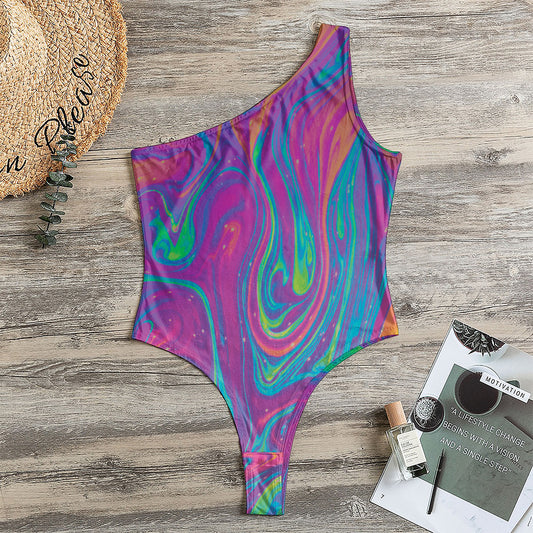 Psychedelic Liquid Print One Shoulder Bodysuit