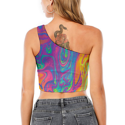 Psychedelic Liquid Print One Shoulder Crop Top