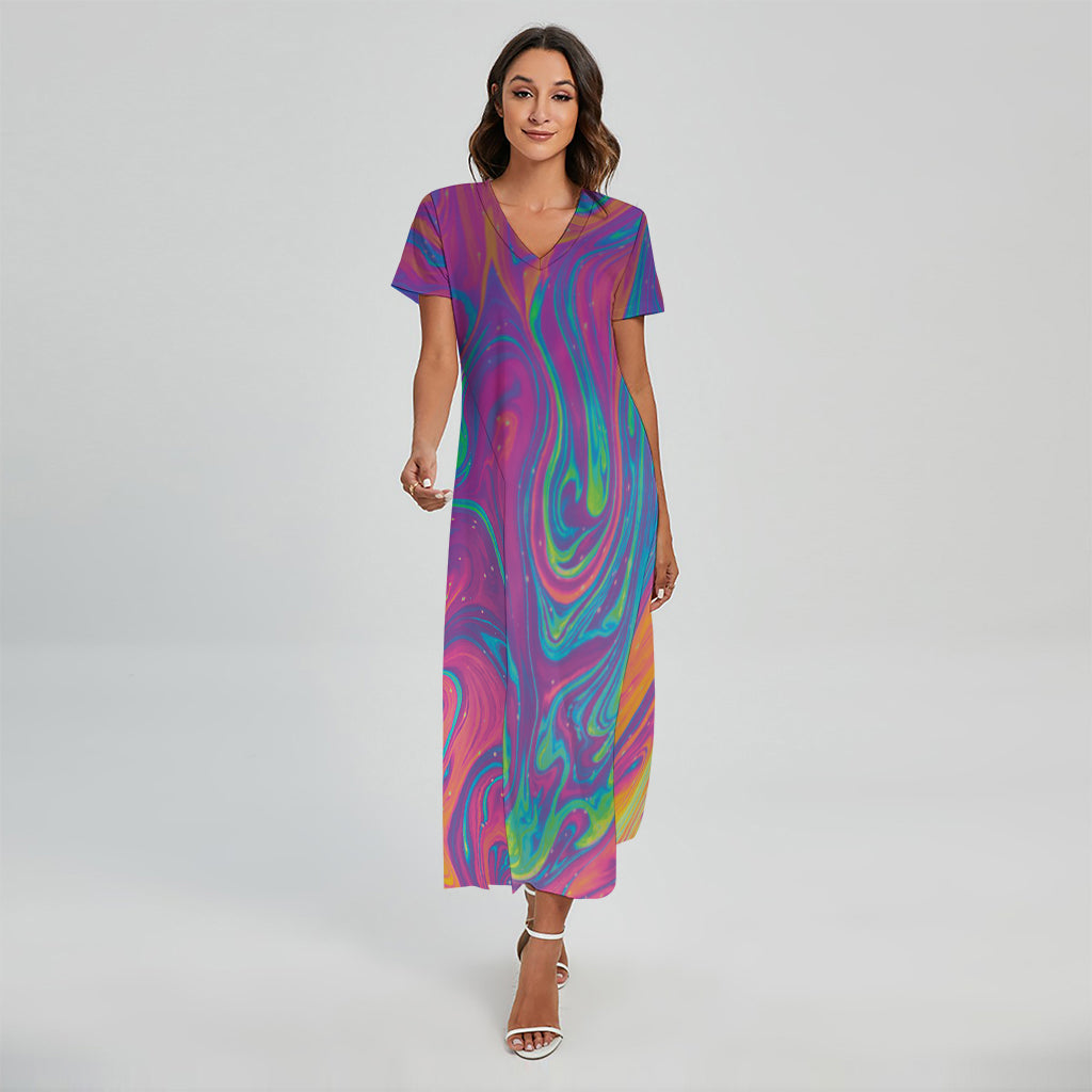 Psychedelic Liquid Print Short Sleeve Maxi Dress