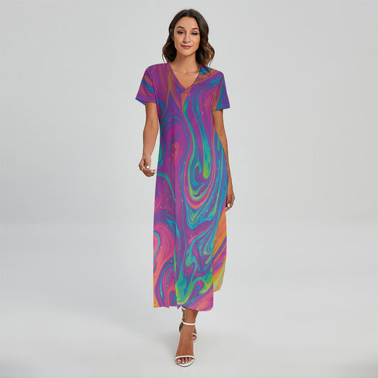 Psychedelic Liquid Print Short Sleeve Maxi Dress