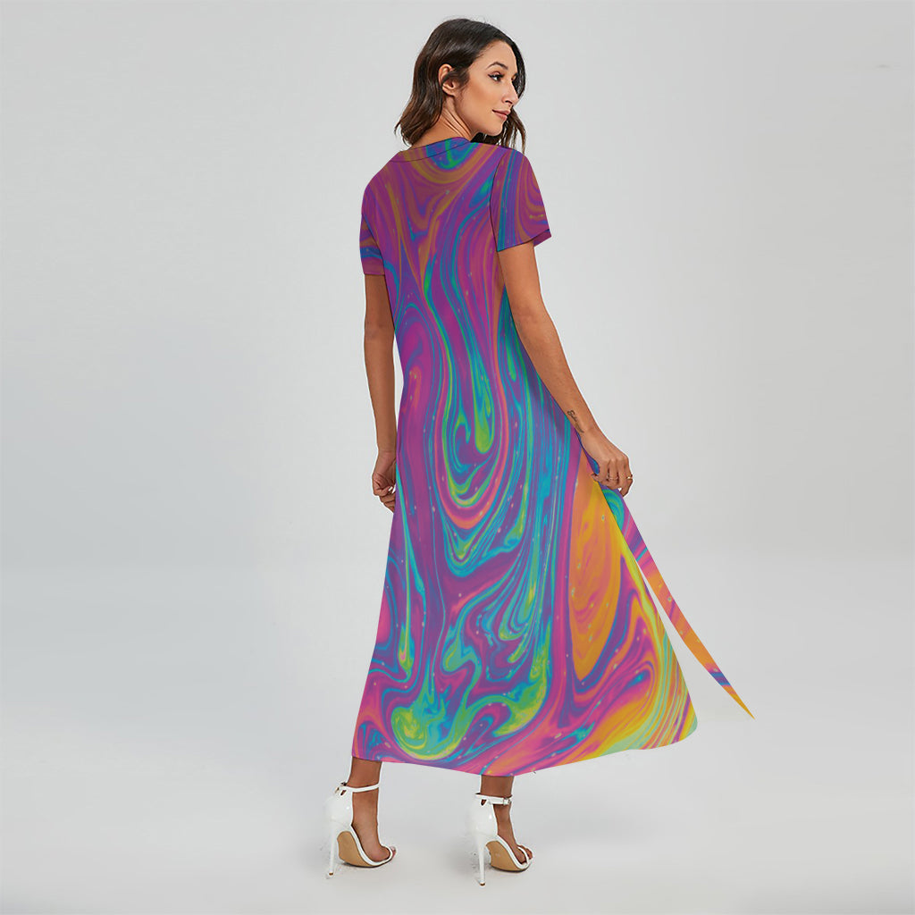 Psychedelic Liquid Print Short Sleeve Maxi Dress