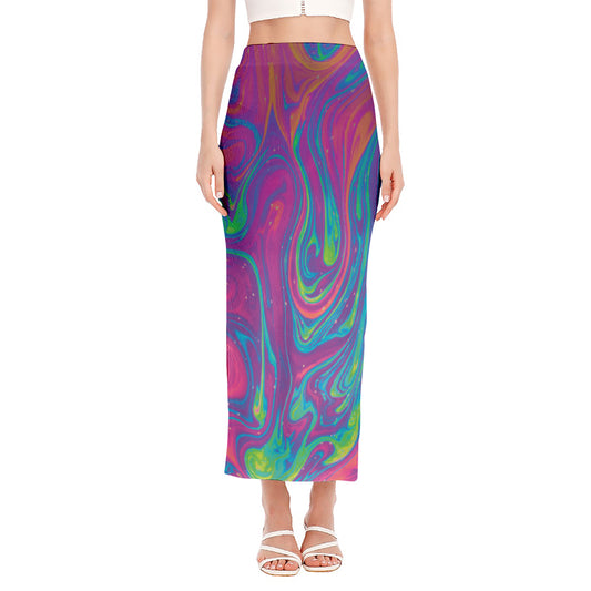 Psychedelic Liquid Print Side Slit Maxi Skirt