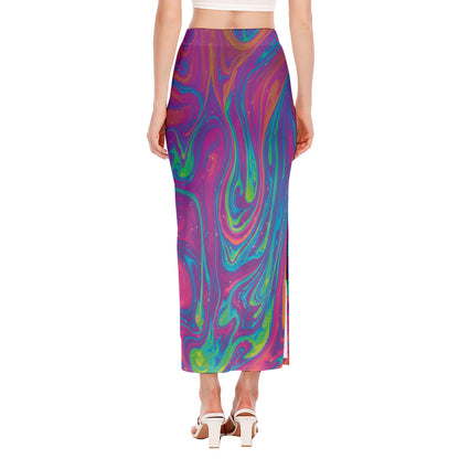 Psychedelic Liquid Print Side Slit Maxi Skirt
