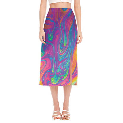 Psychedelic Liquid Print Side Slit Midi Skirt