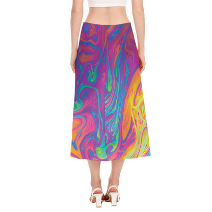 Psychedelic Liquid Print Side Slit Midi Skirt