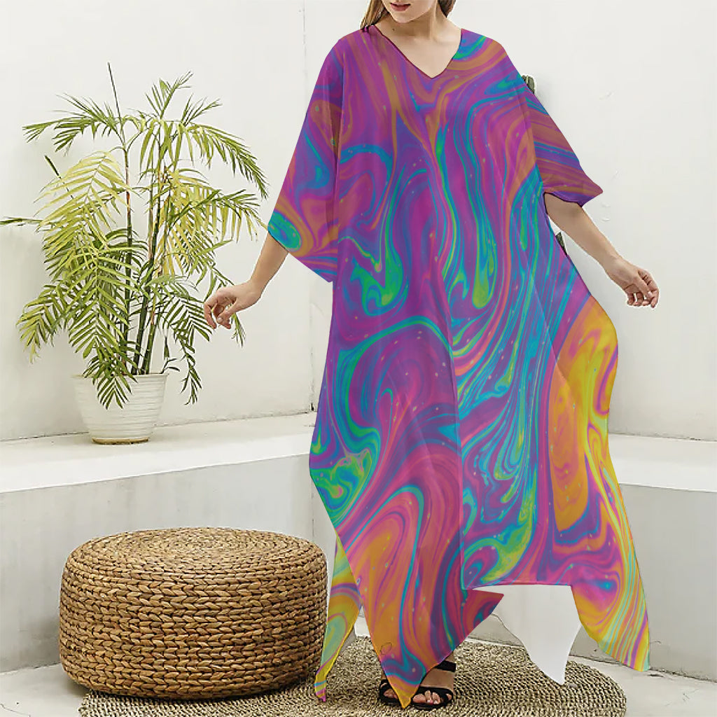 Psychedelic Liquid Print Silk V-Neck Kaftan Dress
