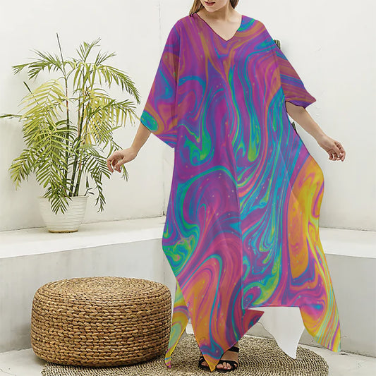 Psychedelic Liquid Print Silk V-Neck Kaftan Dress
