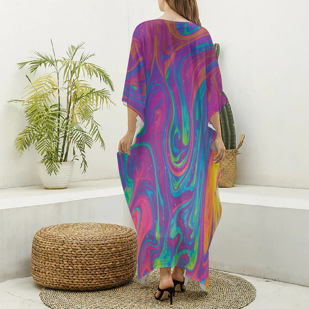 Psychedelic Liquid Print Silk V-Neck Kaftan Dress