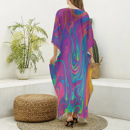 Psychedelic Liquid Print Silk V-Neck Kaftan Dress