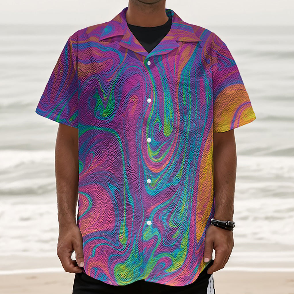 Psychedelic Liquid Print Textured Short Sleeve Shirt