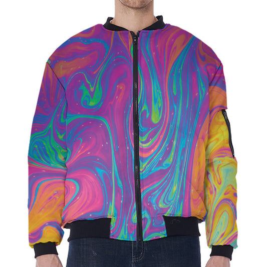 Psychedelic Liquid Print Zip Sleeve Bomber Jacket